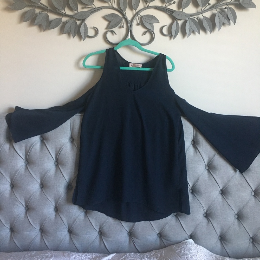 Blue Open Cold Shoulders Blouse